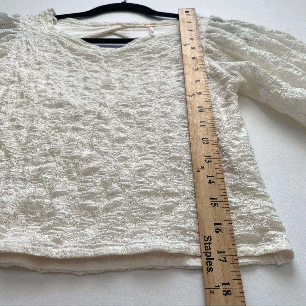 Free People Women’s Tea Time Round Neck Long Puff Sleeve‎ Lace Top white Size M